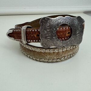 Ranger Belt Company Womens Belt Sz 32 Large Silver Buckle Studded Brown Leather